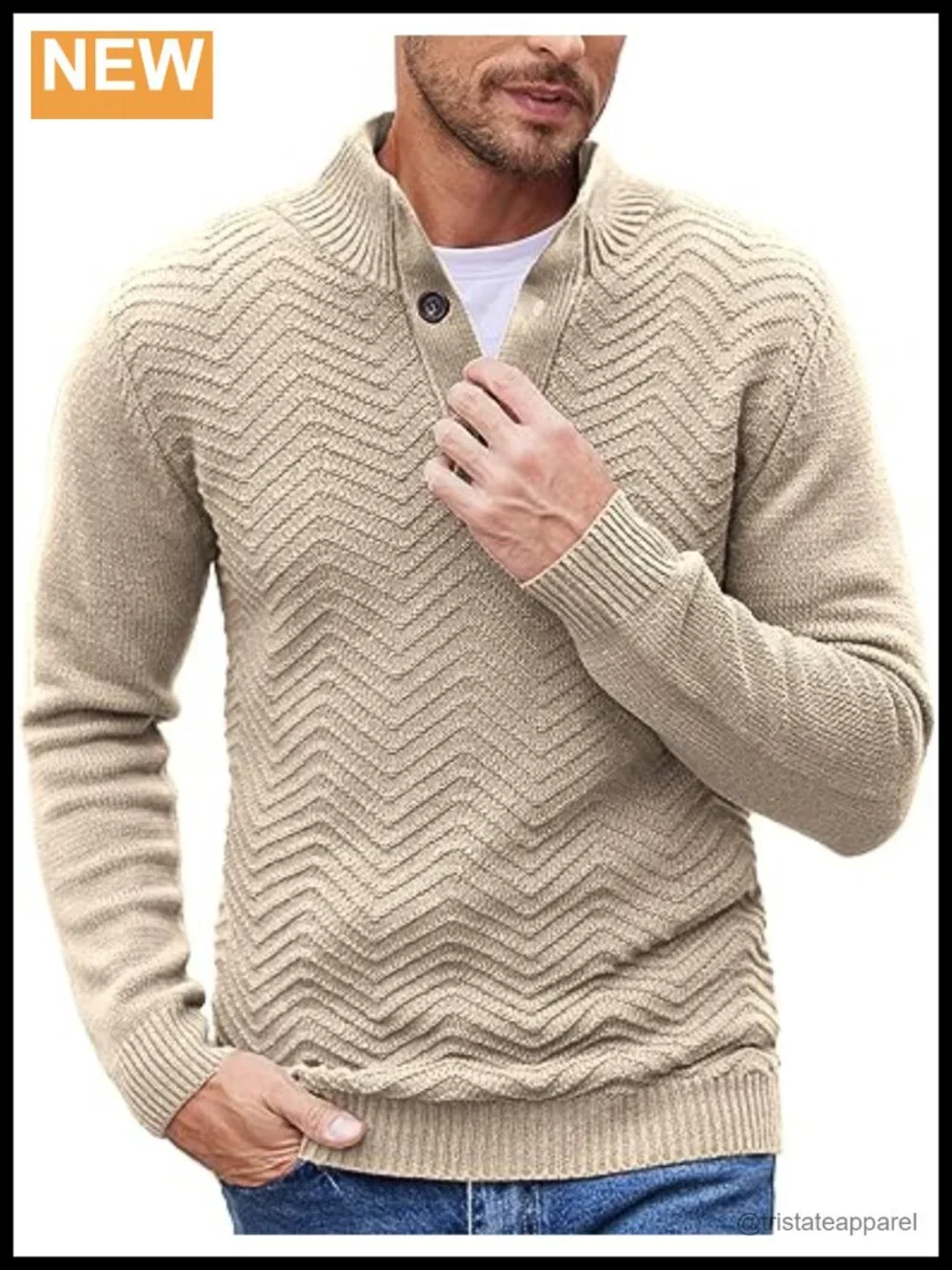 Men Cable Knit Henley Mock Neck Sweater Pullover Quarter Button